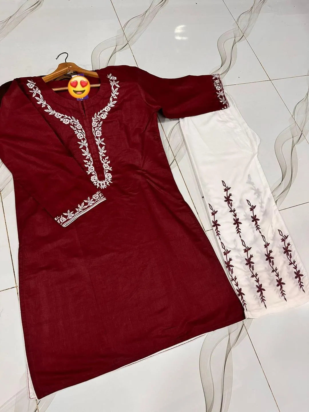 Summer Embroidered Cotton Pajama Set Red White 2Pcs