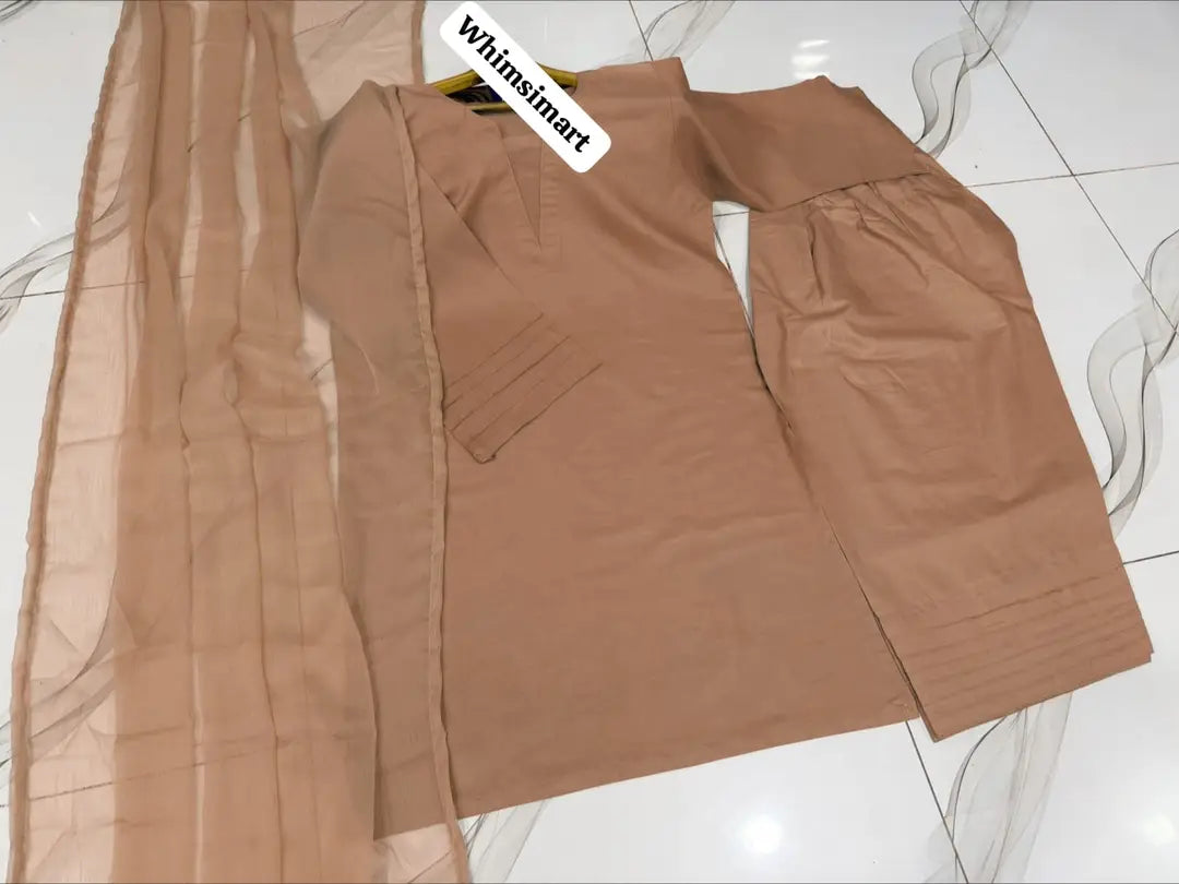 3 Pcs Women's Stitched Cotton Plain Suit