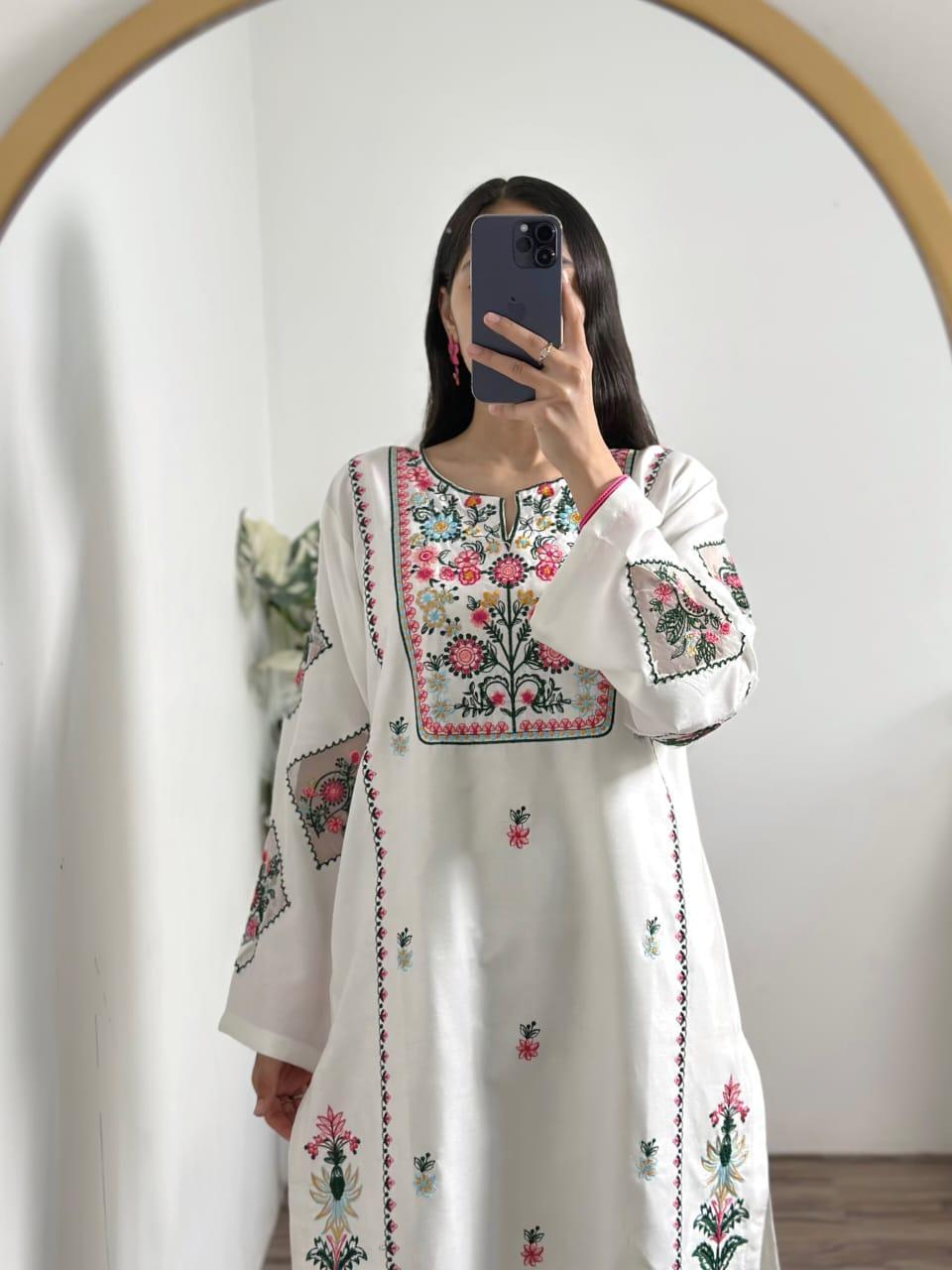 Women Cotton Embroidered Shirt Trouser Set Multi Size