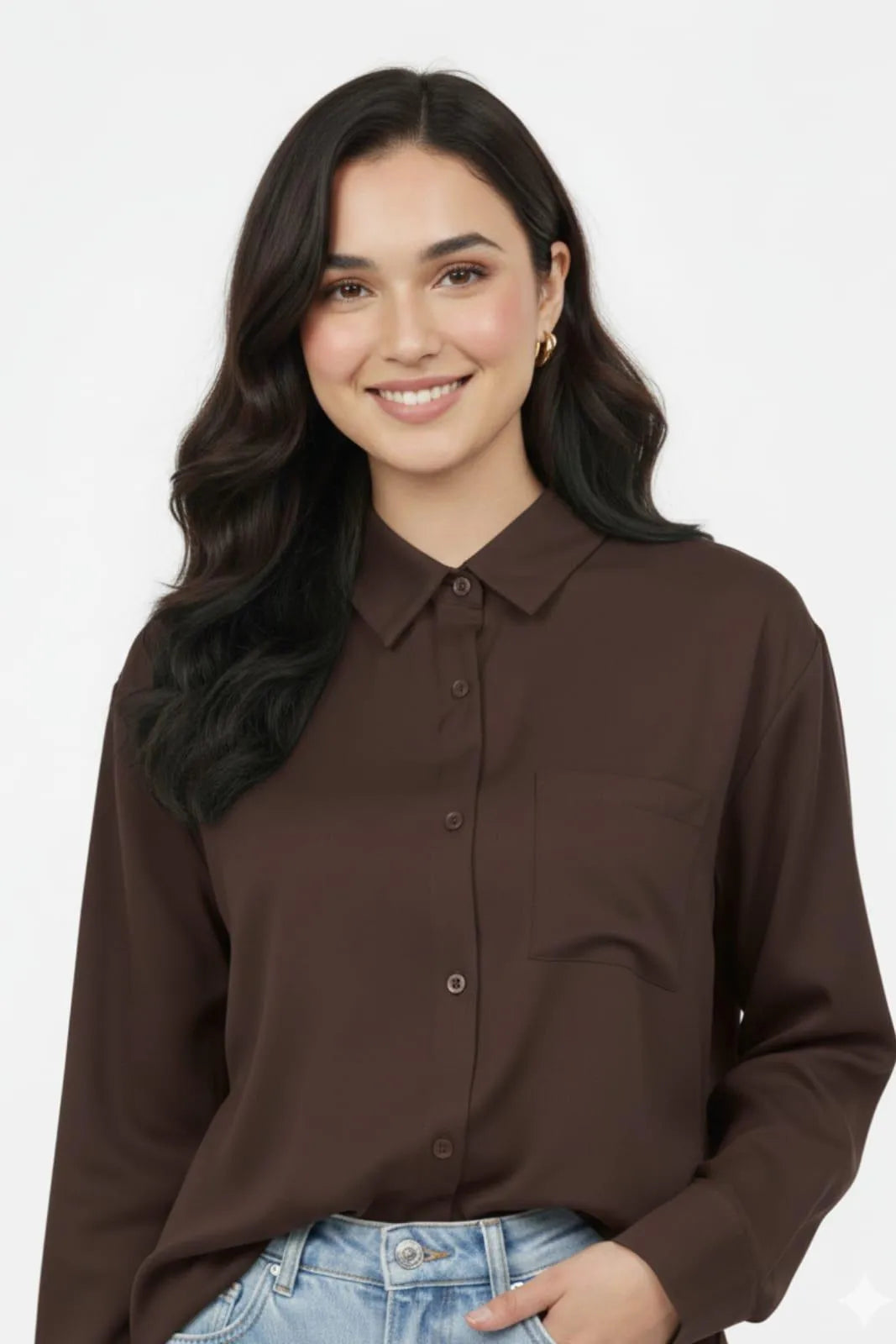 Women's Brown Silk Button Down Shirt Medium Large