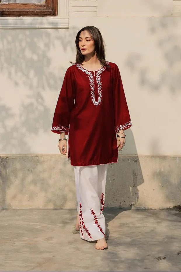 Summer Embroidered Cotton Pajama Set Red White 2Pcs