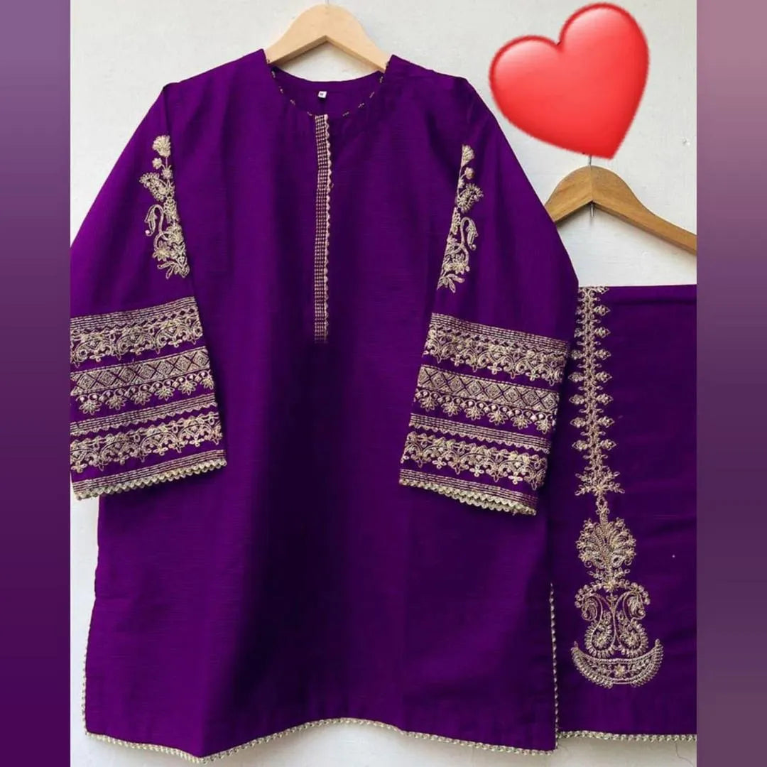 Purple Embroidered Shamoz Silk 2Pcs Women Set