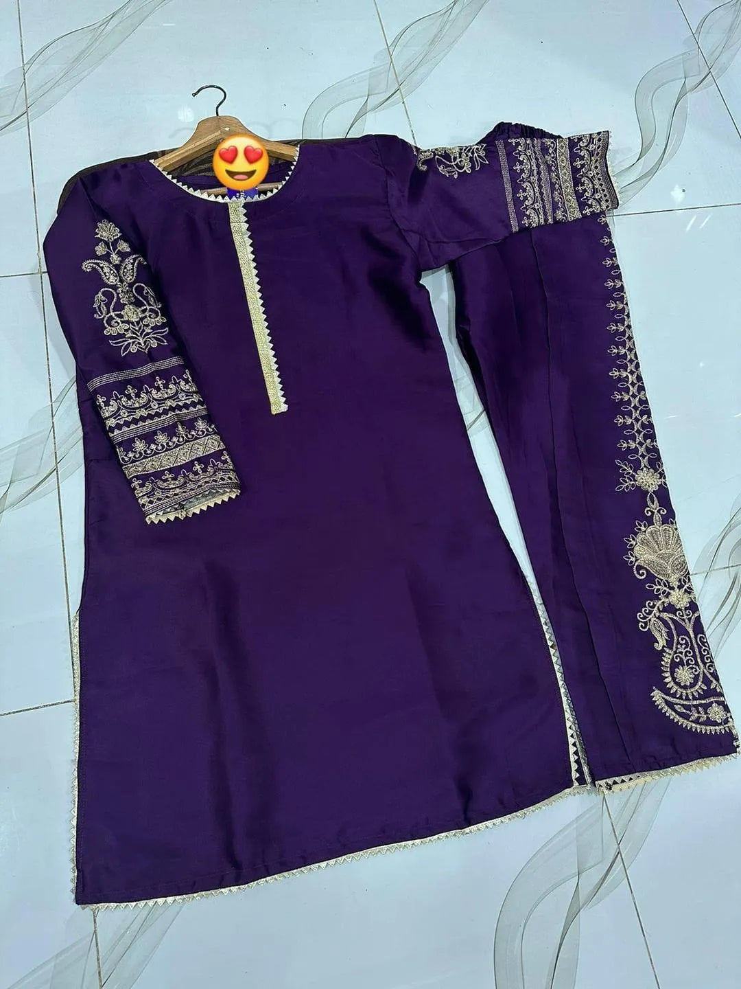 Purple Embroidered Shamoz Silk 2Pcs Women Set