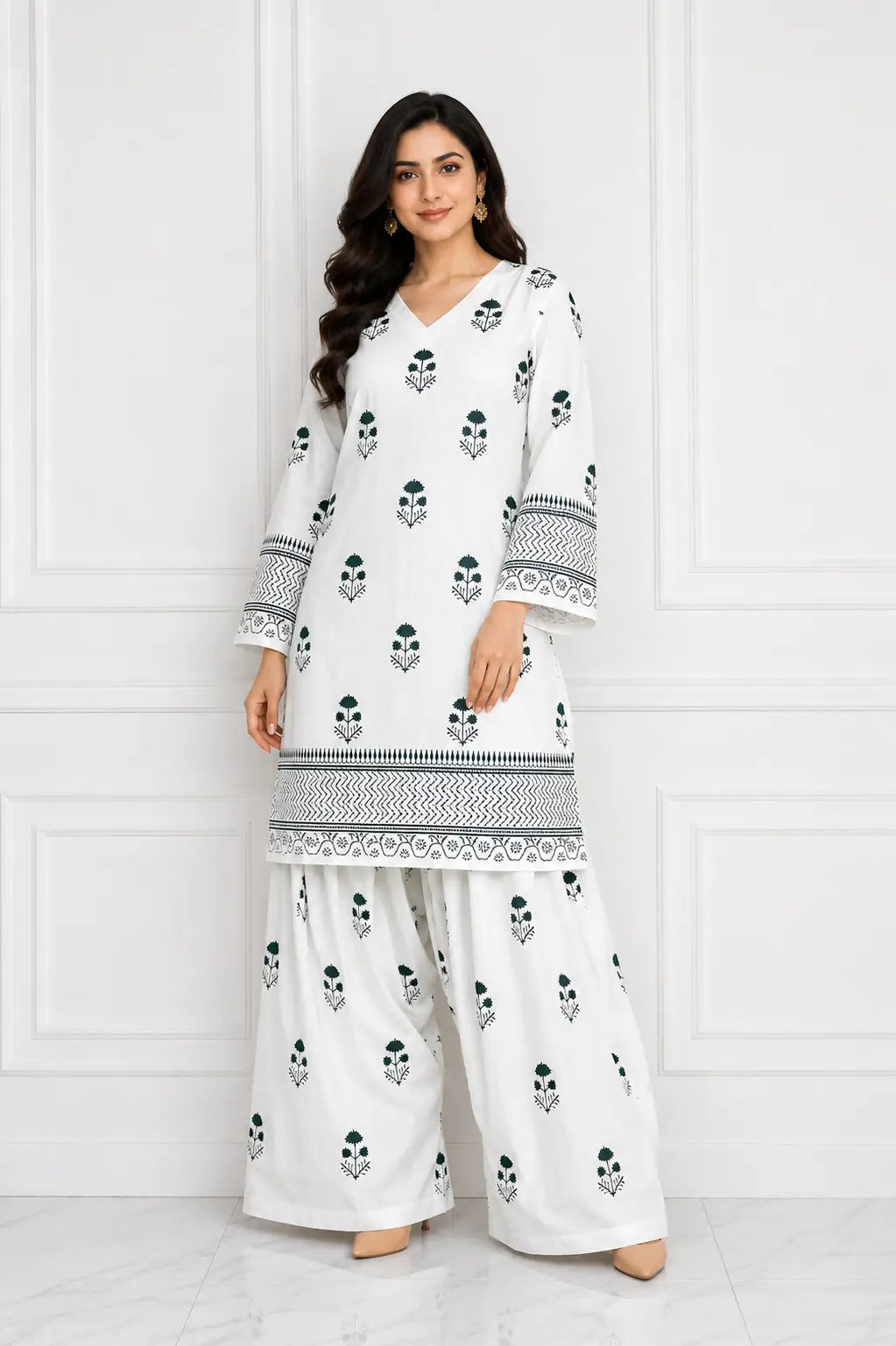 2 Pcs Women's Stitched Cotton Lawn Printed Shirt And Farshi Shalwar