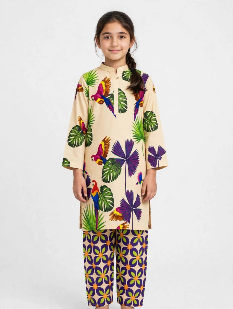 Girls Beige Printed Stitched Co Ord Set With Long Sleeve Shirt And Matching Trouser - Size