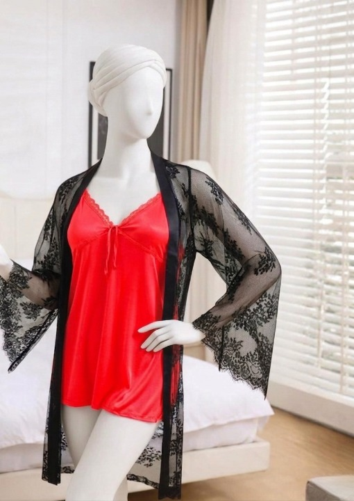 2-Piece Women's Sleepwear Set – Camisole, Shorts & Lace Gown Soft Satin Nightwear Free Size (