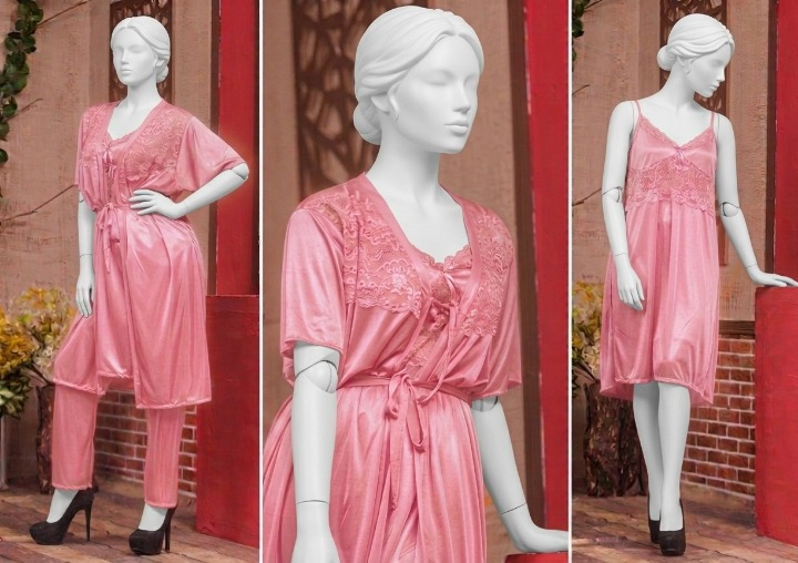 3 Pcs Luxury Silk Nightwear Set with Lace Trim – Satin Sleepwear for Women SKU R-008 (Color