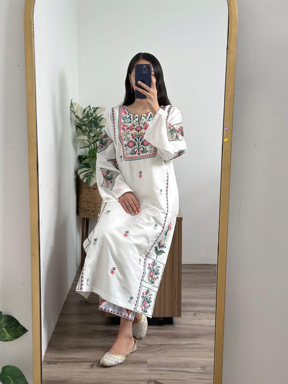 Women Cotton Embroidered Shirt Trouser Set Multi Size
