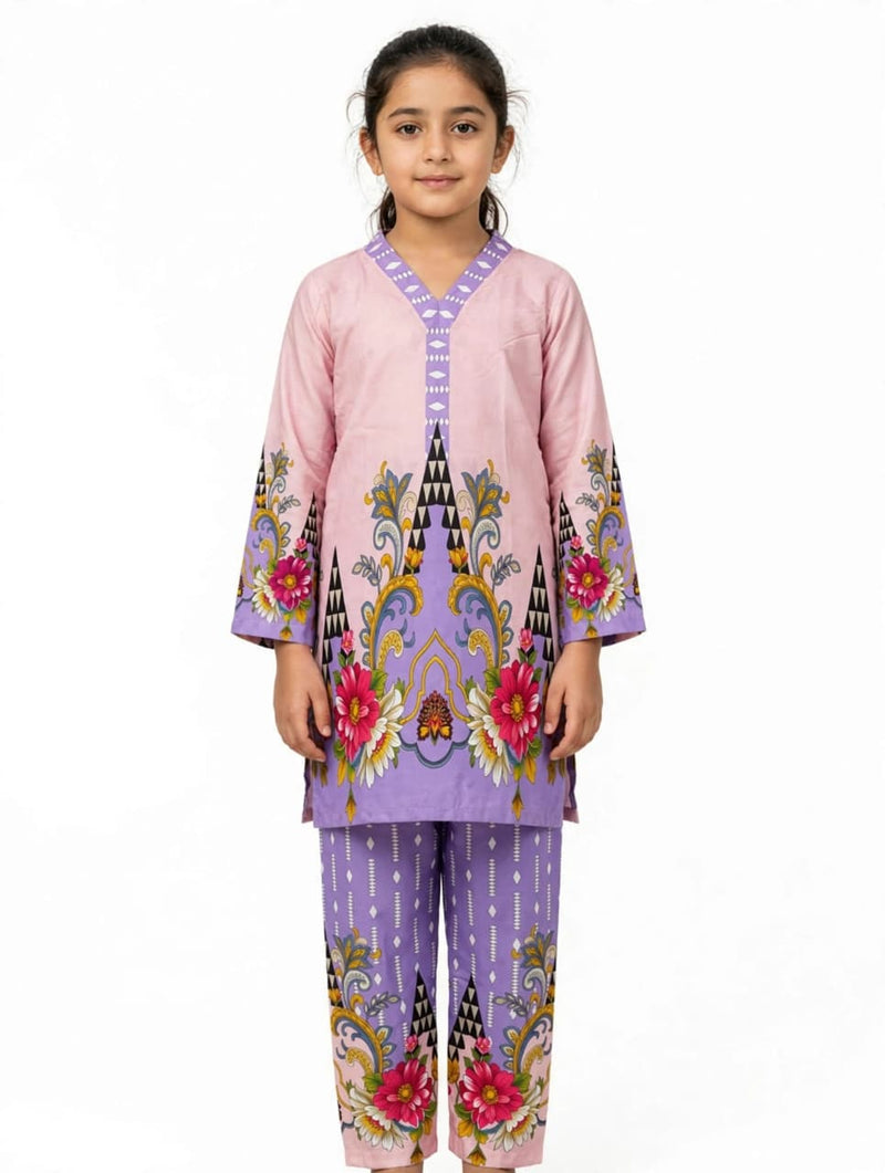 Girls Purple Printed Stitched Co Ord Set With Long Sleeve Shirt And Matching Trouser - Size
