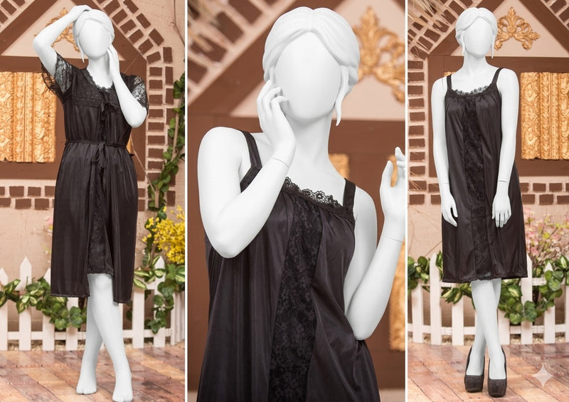 3 Pcs Premium Silk Satin Nightwear Set with Lace Trim for Women – Camisole, Shorts & Robe | Free Size ~