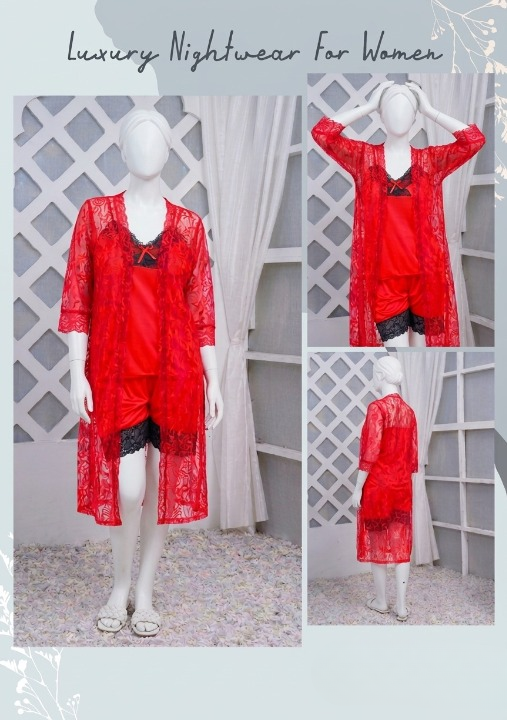 3 Pcs Luxurious Silk & Net Black Lace Women's Sleepwear Set Top Short & Gown Nightwear (Free Size Color
