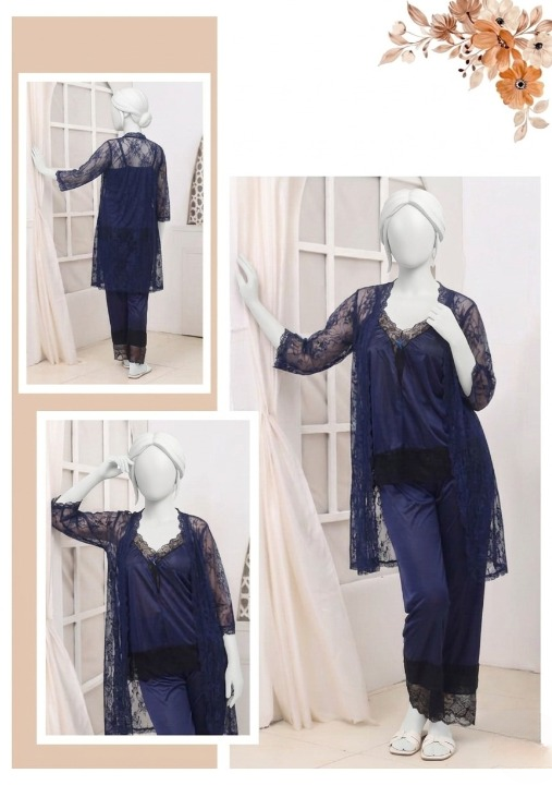 3 Pcs Premium Silk & Net Black Lace Women's Sleepwear Set Top Trouser & Gown (Size Free Color